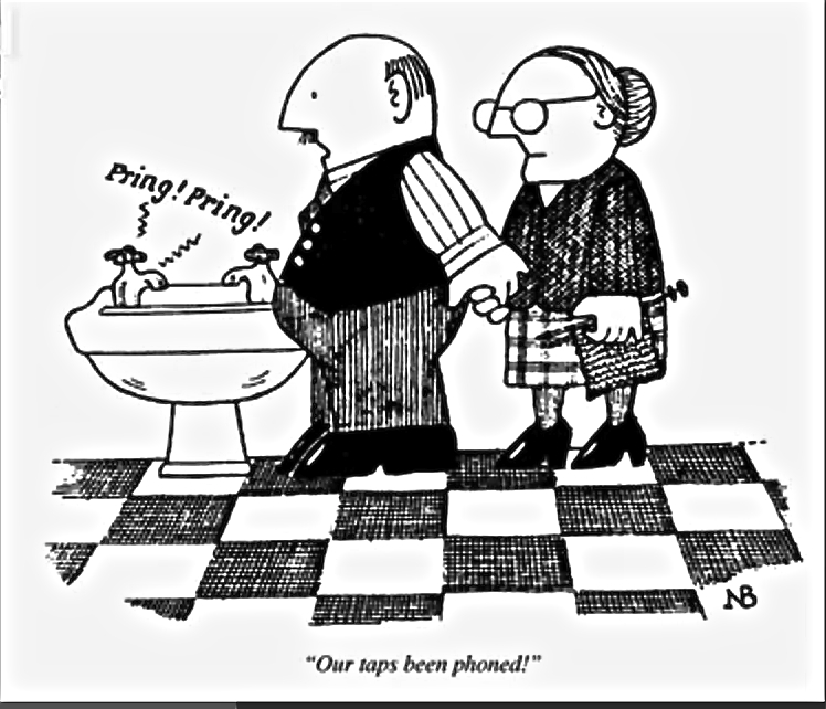 ‘Our tap’s been phoned.’ Neil Bennet, 1989, Private Eye: A Cartoon History