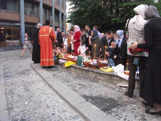 easter egg blessing -- baskets on the curb