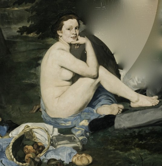 Adaptation of Édouard Manet’s Le Déjeuner Sur L’Herbe (Lunch on the Grass), 1863. Today, its central figure might be striking that pose all by herself, for idiosyncratic reasons - postgutenberg [at] gmail.com