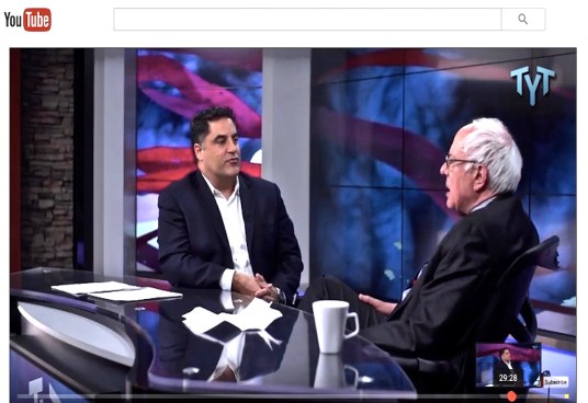 Bernie Sanders being interviewed about corporate media's partisan distortions of the truth by Cenk Uygur on The Young Turks, 23 March 2016