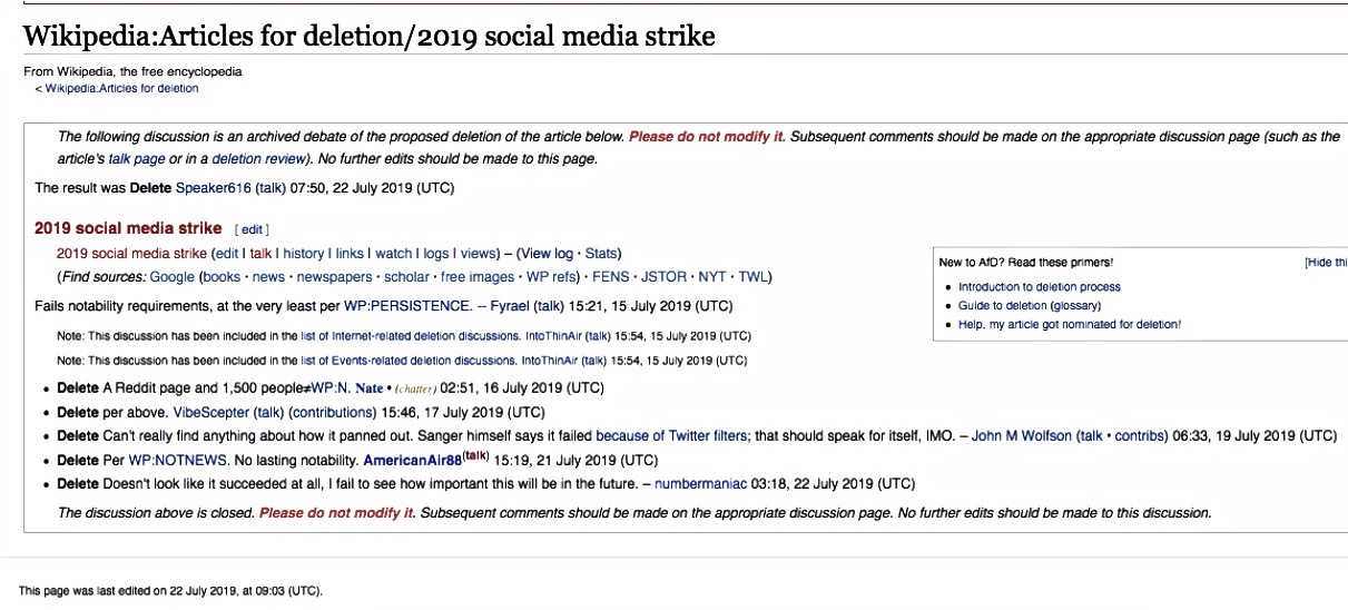 Wikipedia decision to delete '2019 Social Media Strike' on 22 July 2019 postgutenberg@gmail.com