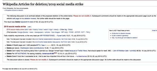 Wikipedia decision to delete '2019 Social Media Strike' on 22 July 2019 postgutenberg@gmail.com